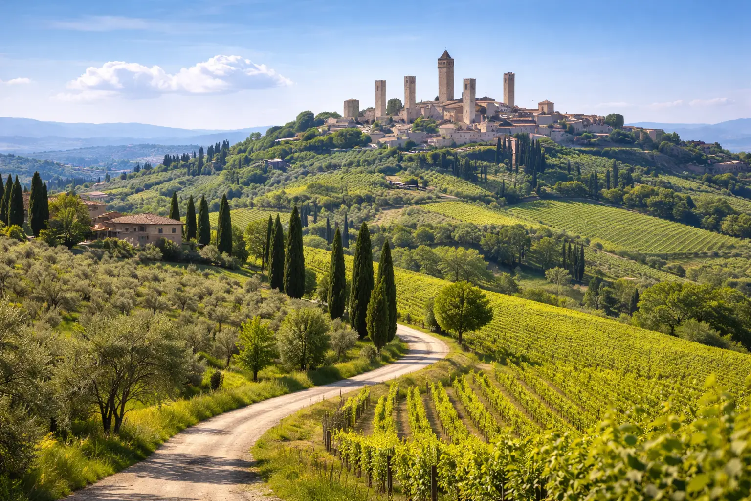 Vista panoramica di San Gimignano con torri medievali circondate da vigneti e cipressi nella campagna toscana durante una gita da Firenze