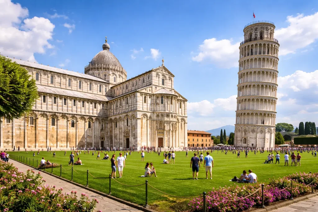 Vista della Torre Pendente di Pisa e della Piazza dei Miracoli durante un Pisa Lucca tour tra i monumenti più famosi della Toscana
