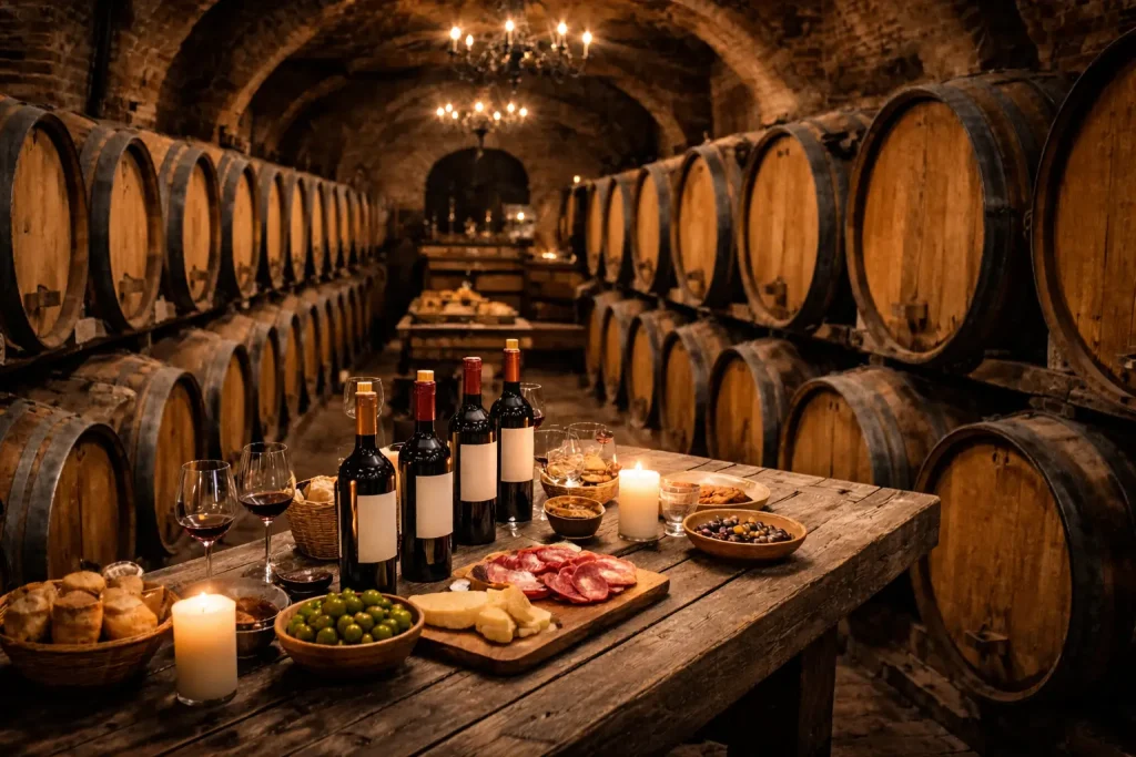 Interior of a Chianti winery with oak barrels and Chianti Classico tasting table during a Chianti wine tour from Florence