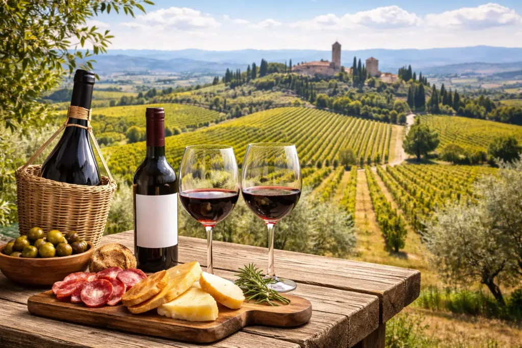 Degustazione di vino Chianti Classico con salumi e formaggi tipici su tavolo panoramico tra i vigneti del Chianti durante un Chianti wine tour da Firenze