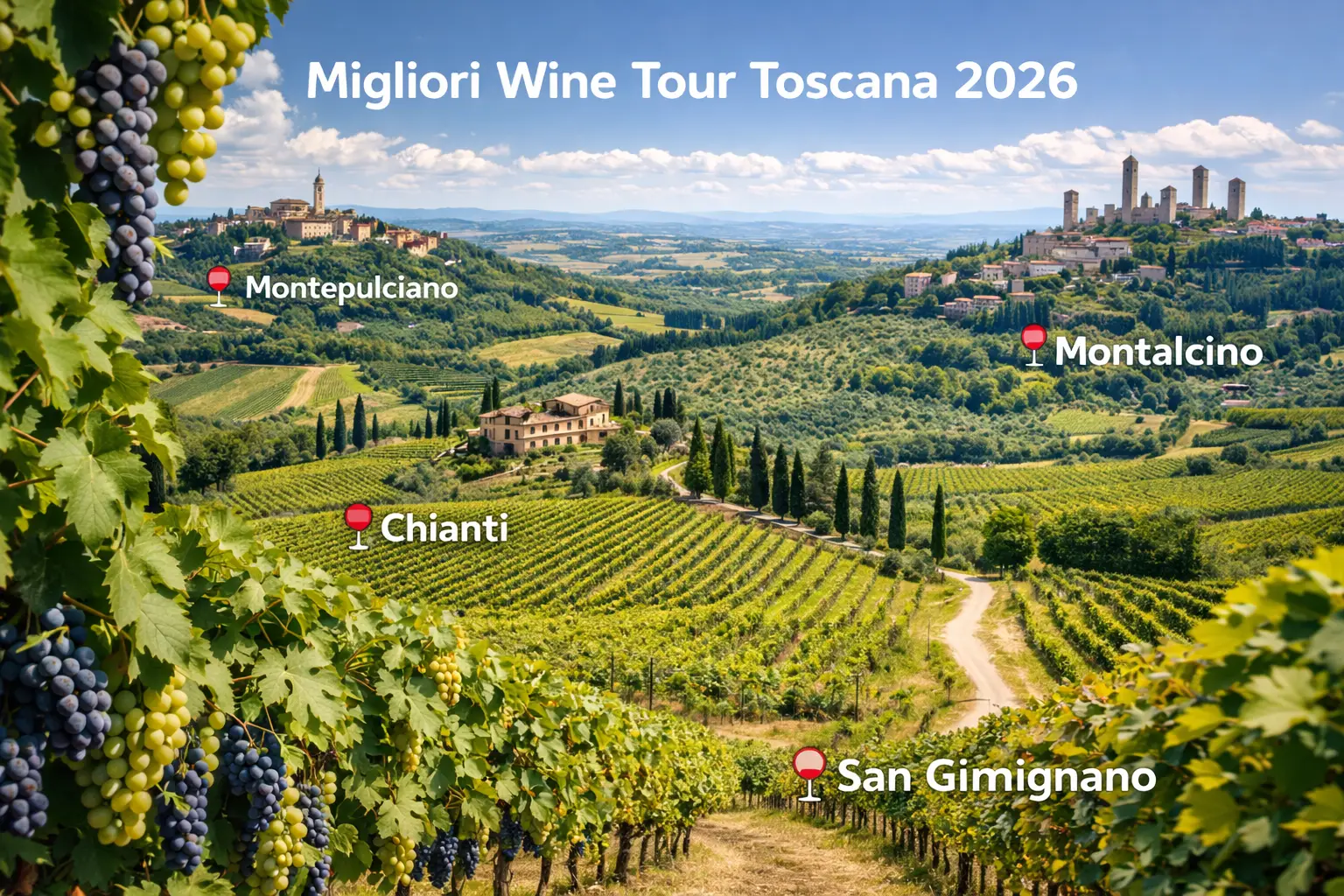 Degustazione di vini toscani con salumi e formaggi su tavolo panoramico tra vigneti e colline della Toscana durante un wine tour