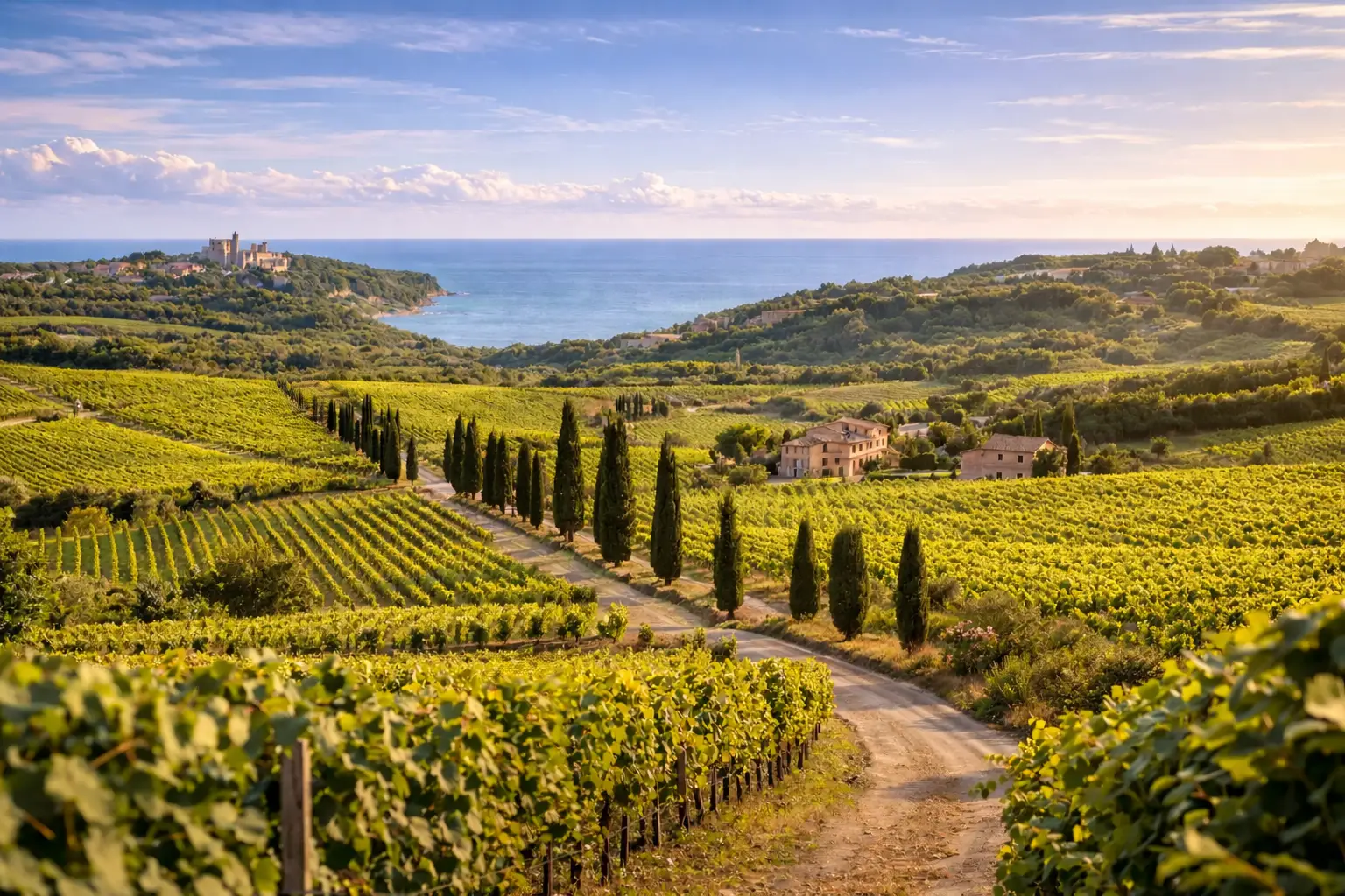 Vigneti della Bolgheri DOC con strada di cipressi e vista sul mare nella costa toscana durante un Super Tuscan wine tour