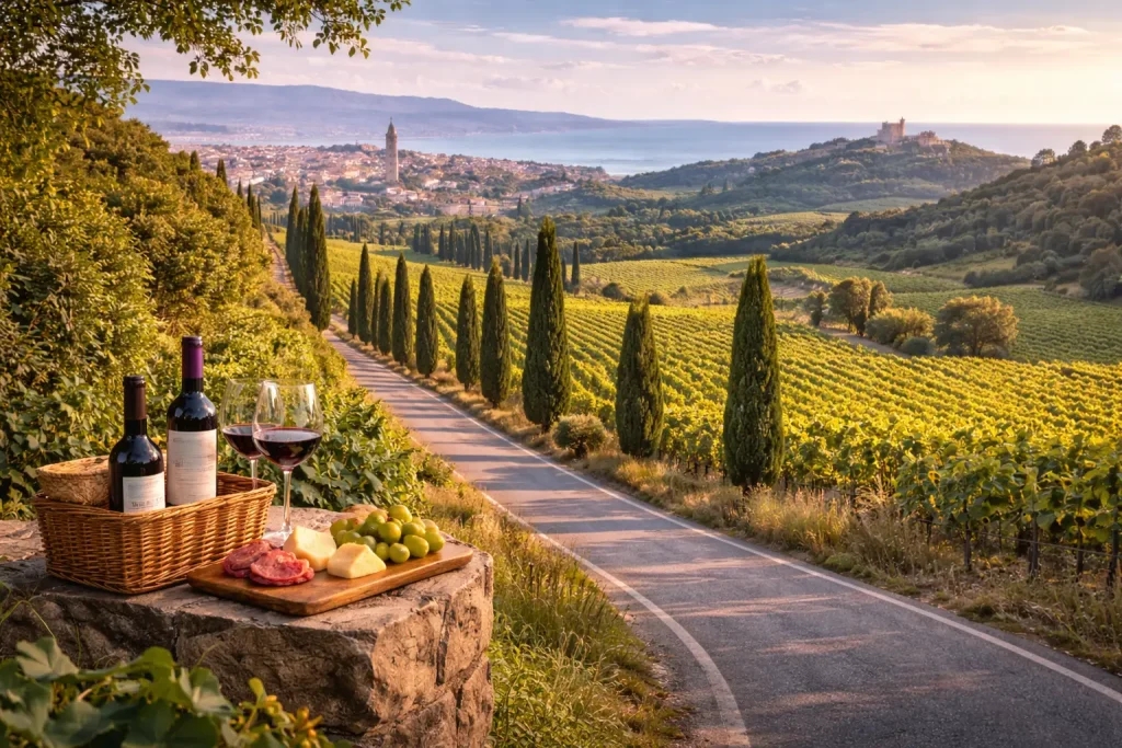 Degustazione di vino rosso toscano con salumi e formaggi su tavolo panoramico tra vigneti e strada di cipressi durante un Tour Super Tuscan da Firenze