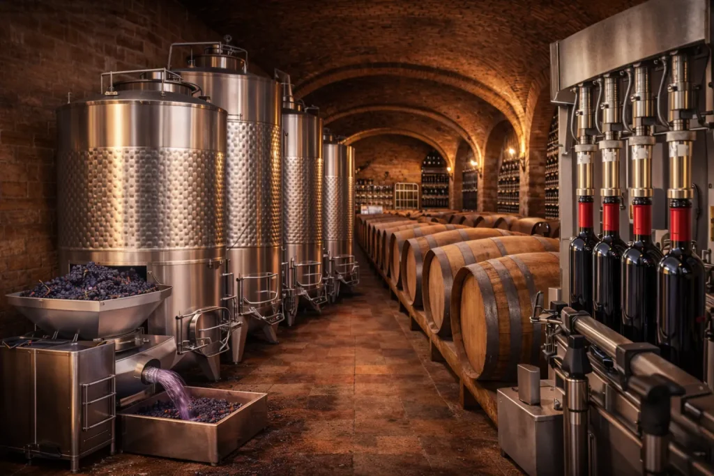 Interior of a Tuscan winery with large steel tanks for wine fermentation, oak barrels and bottling line during a Super Tuscan Tour from Florence