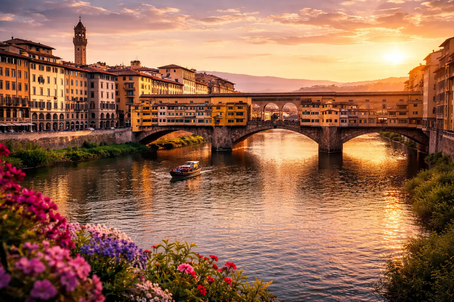 Vista panoramica del Ponte Vecchio a Firenze sul fiume Arno al tramonto durante l’estate in Toscana